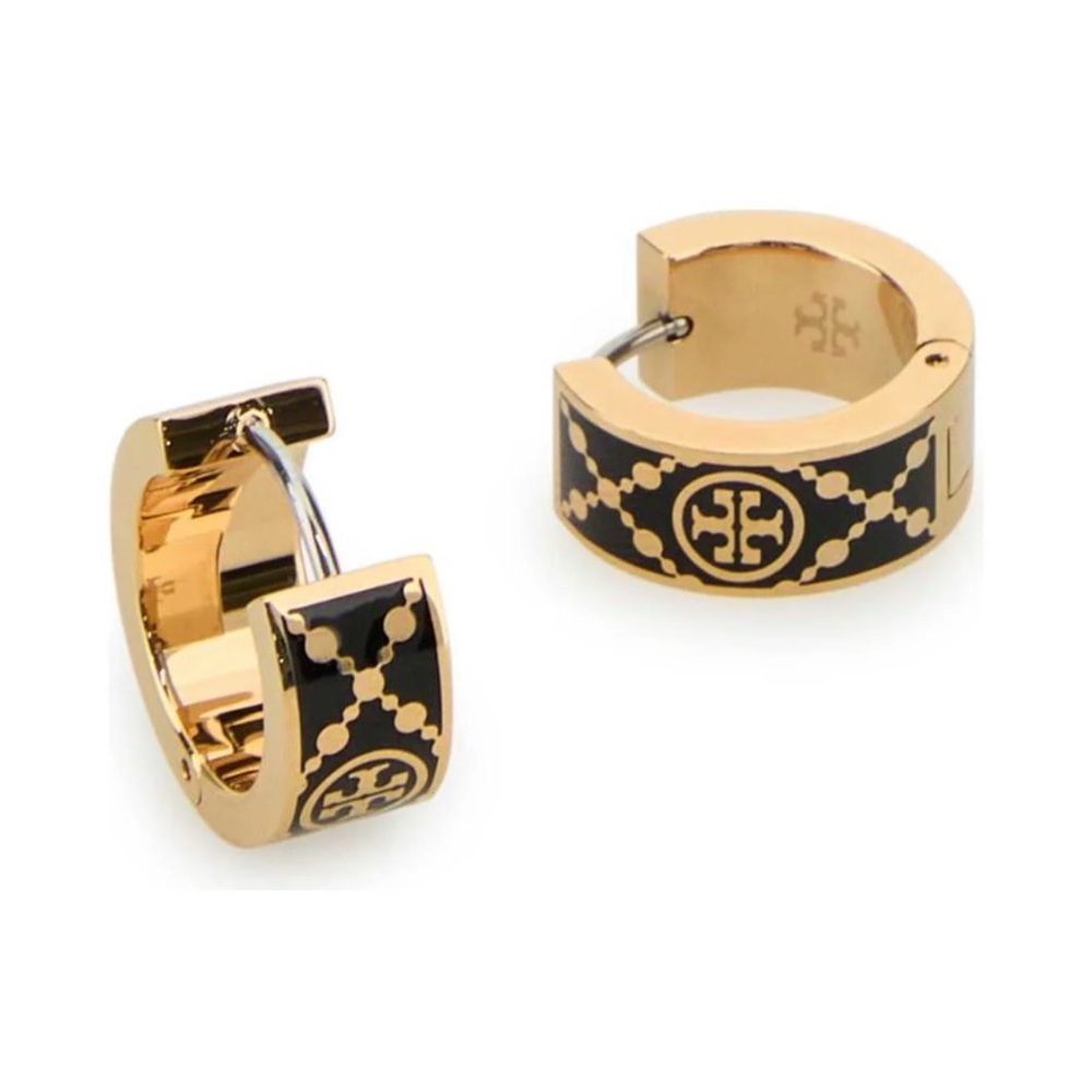 Tory Burch Gold and Black Logo Huggie Earrings with Enamel Detail